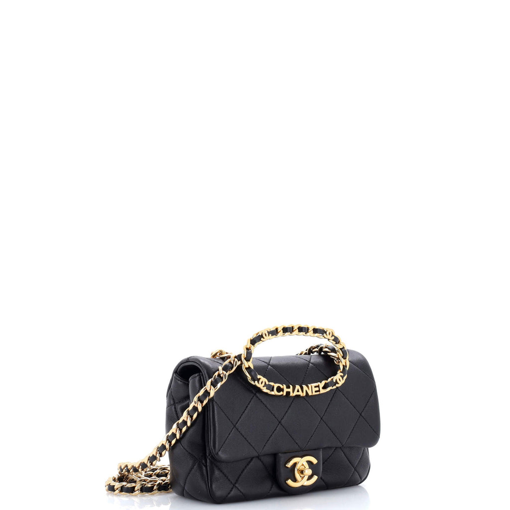 Oval Logo Chain Handle Flap Bag Quilted Lambskin Small