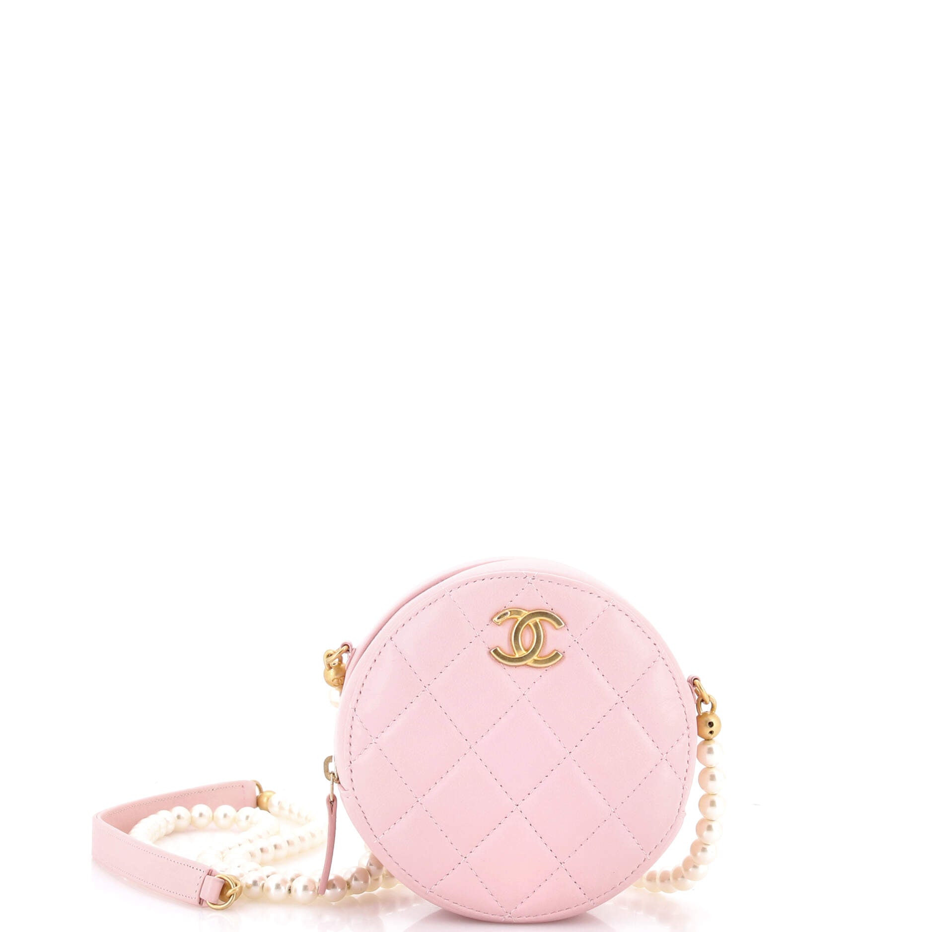 About Pearls Round Clutch with Chain Quilted Lambskin Mini