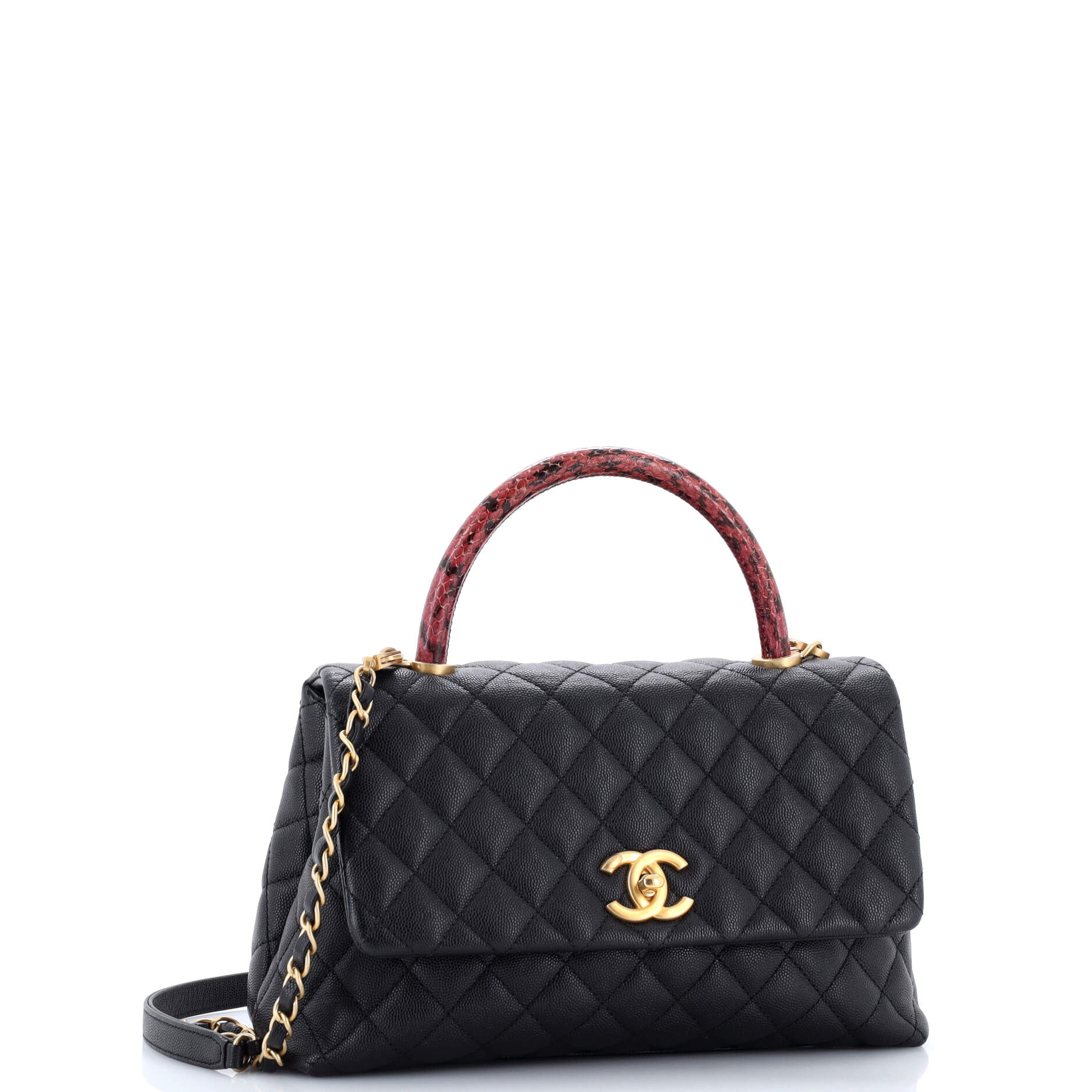 Coco Top Handle Bag Quilted Caviar with Snakeskin Small