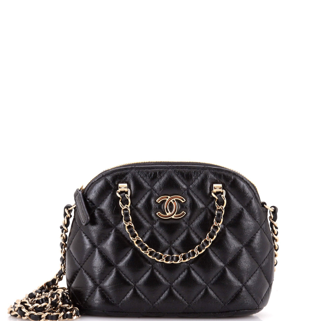 CC Dome Zip Clutch with Chain Quilted Shiny Lambskin Mini