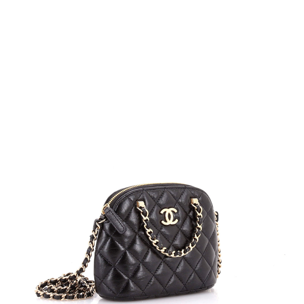 CC Dome Zip Clutch with Chain Quilted Shiny Lambskin Mini