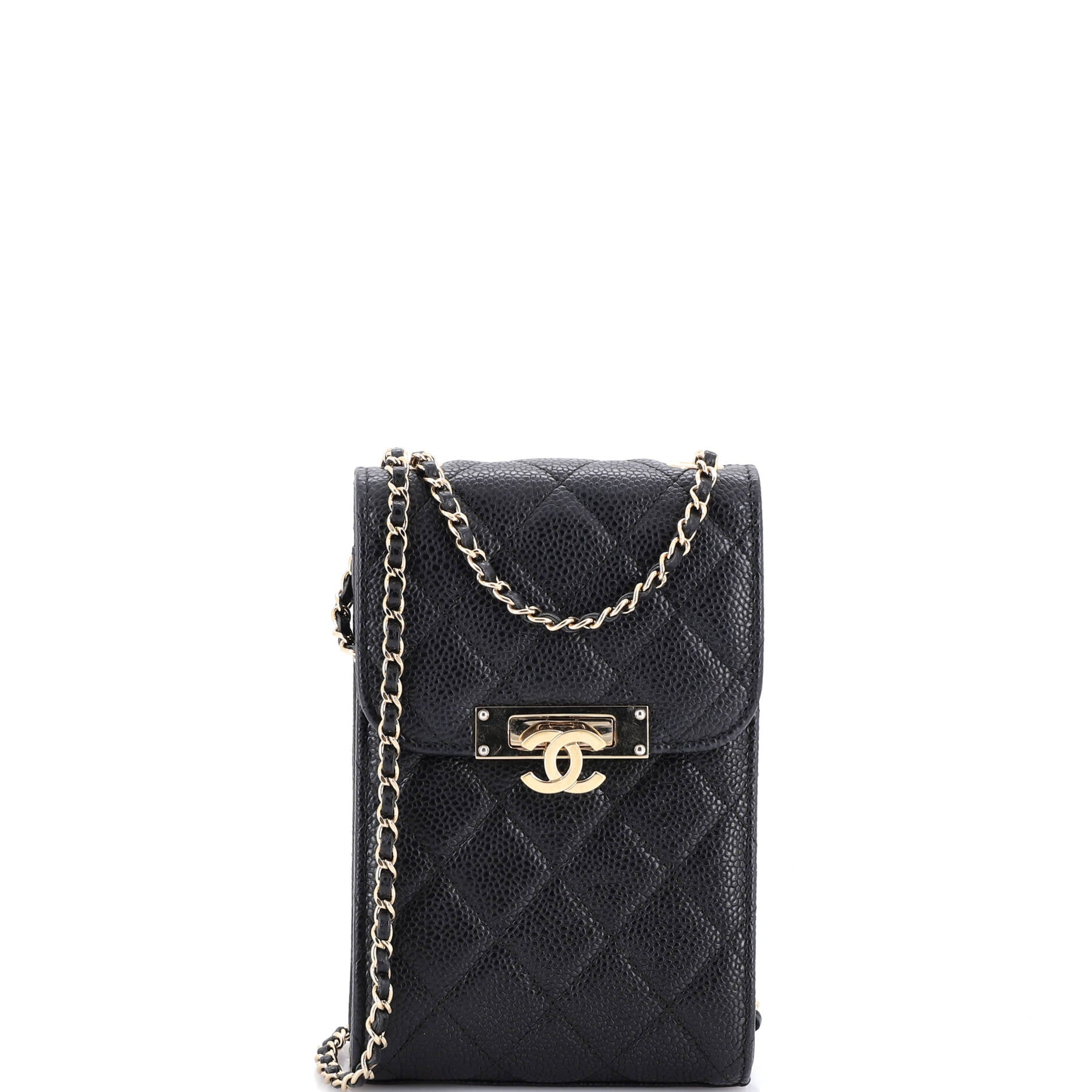 Golden Class Phone Holder Crossbody Bag Quilted Caviar