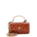 Golden Links Top Handle Phone Holder with Chain Quilted Shiny Lambskin