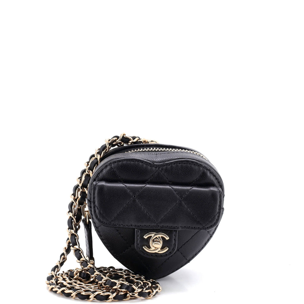 CC in Love Heart Chain Necklace Zip Coin Purse Quilted Lambskin