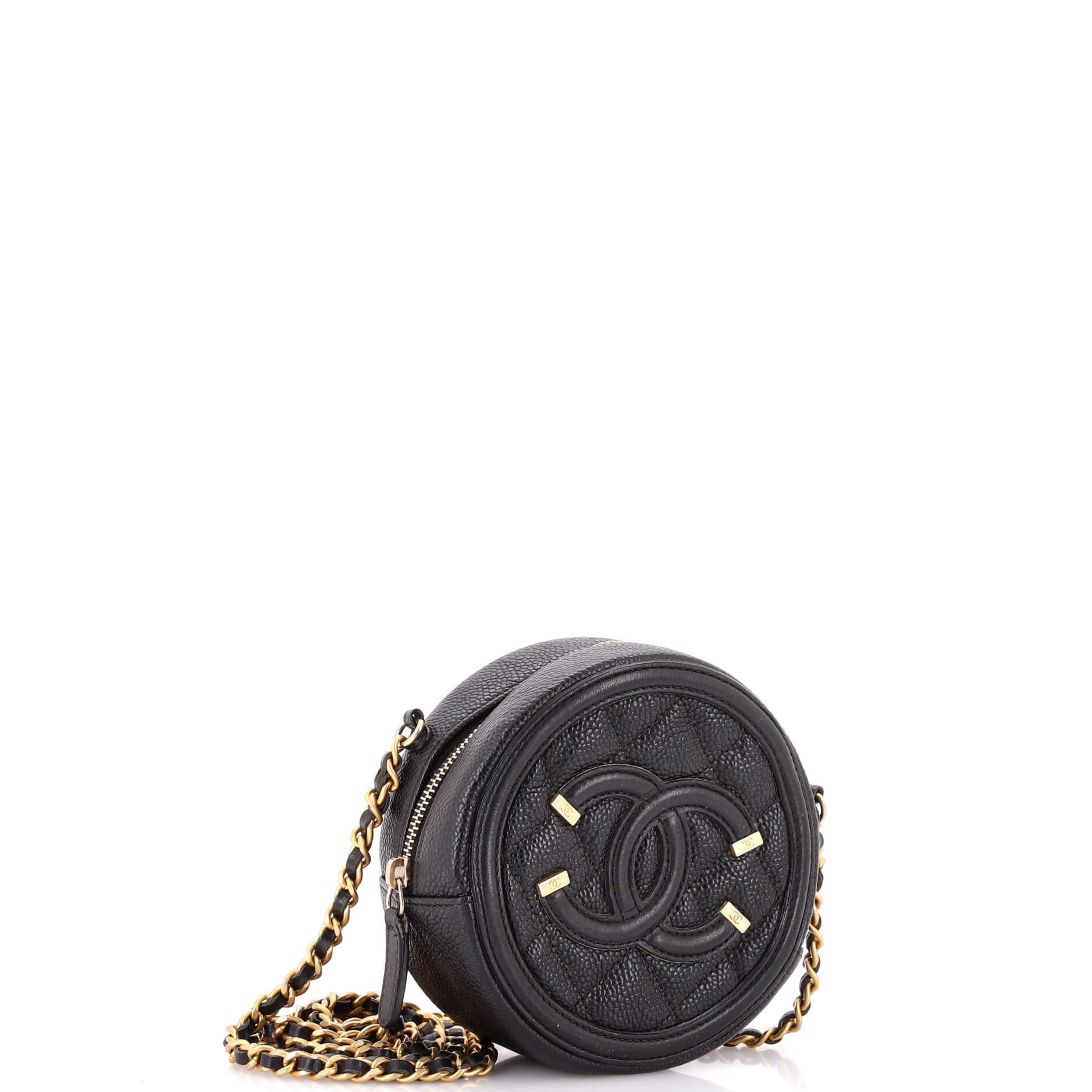 Filigree Round Clutch with Chain Quilted Caviar Mini