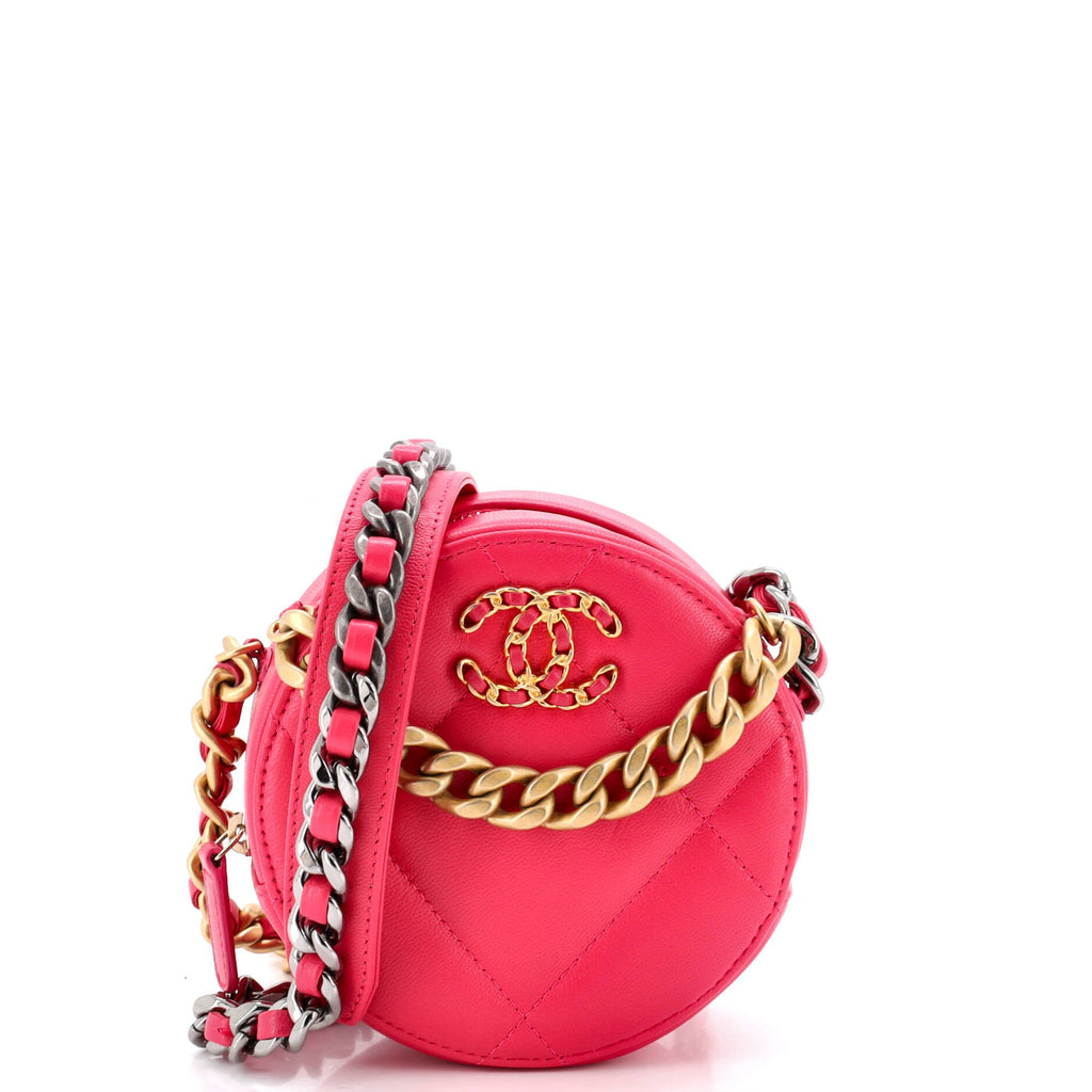 19 Round Clutch with Chain Quilted Leather