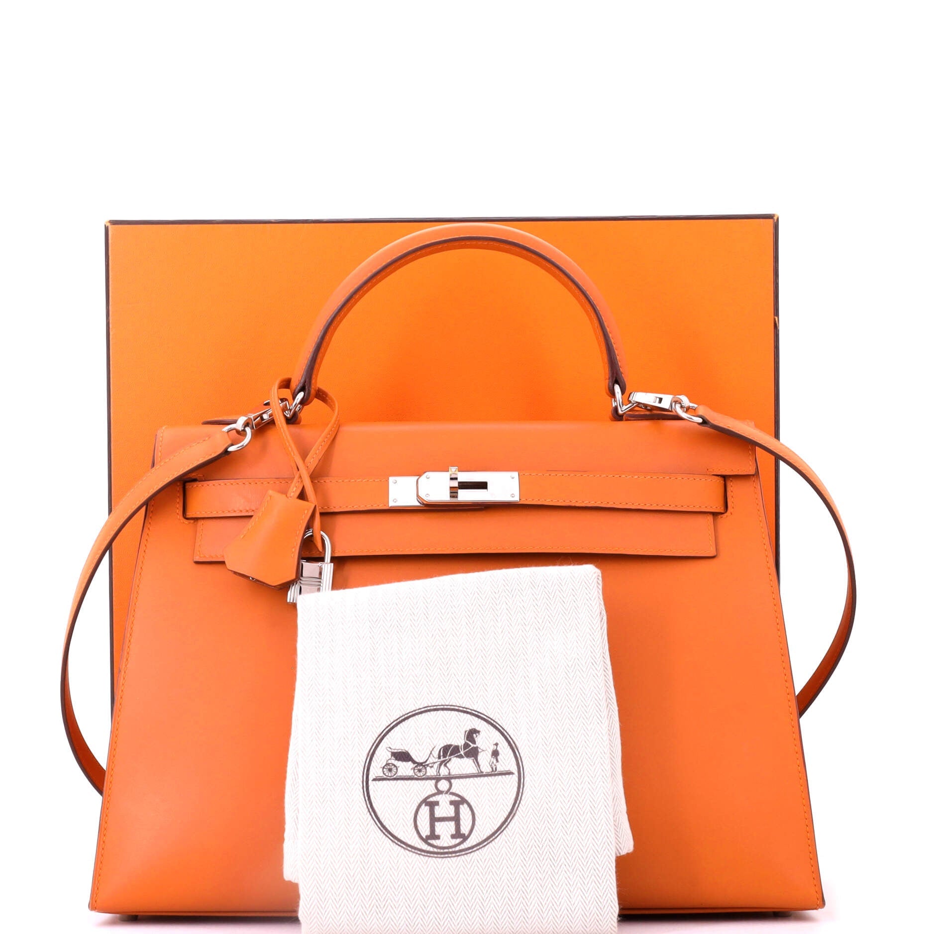 Kelly Handbag Orange H Box Calf with Palladium Hardware 32