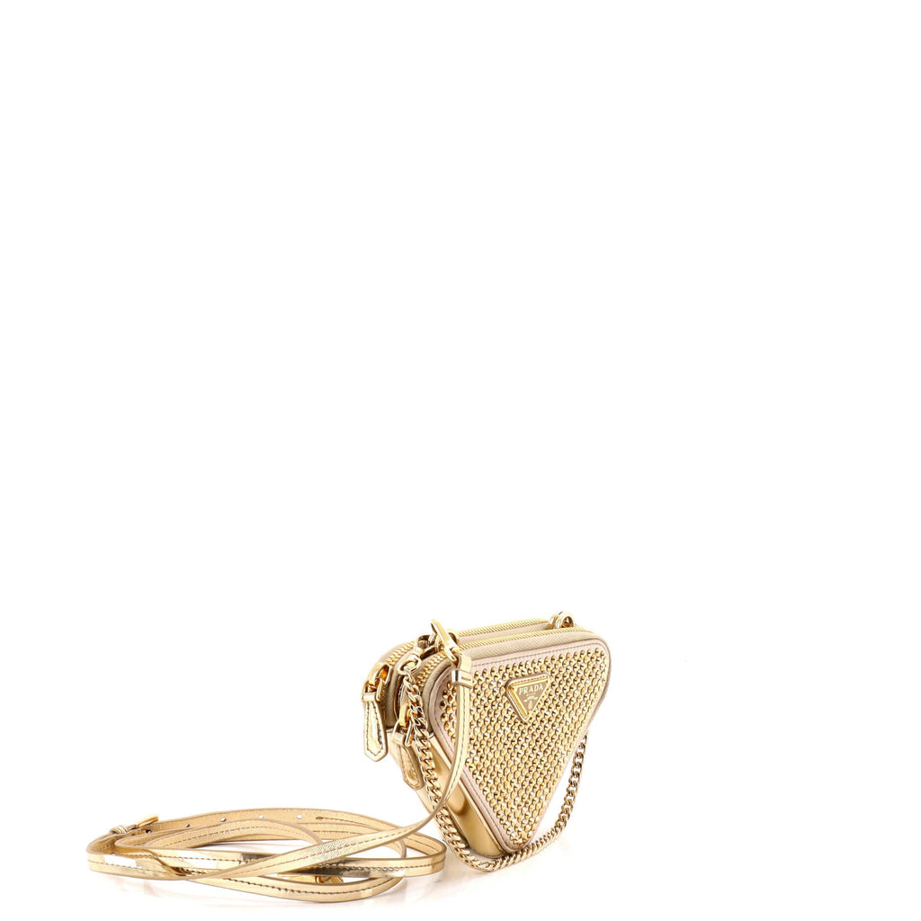 Triangle Double Pouch Crossbody Crystal Embellished Satin Mini