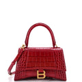 Hourglass Top Handle Bag Crocodile Embossed Leather Small