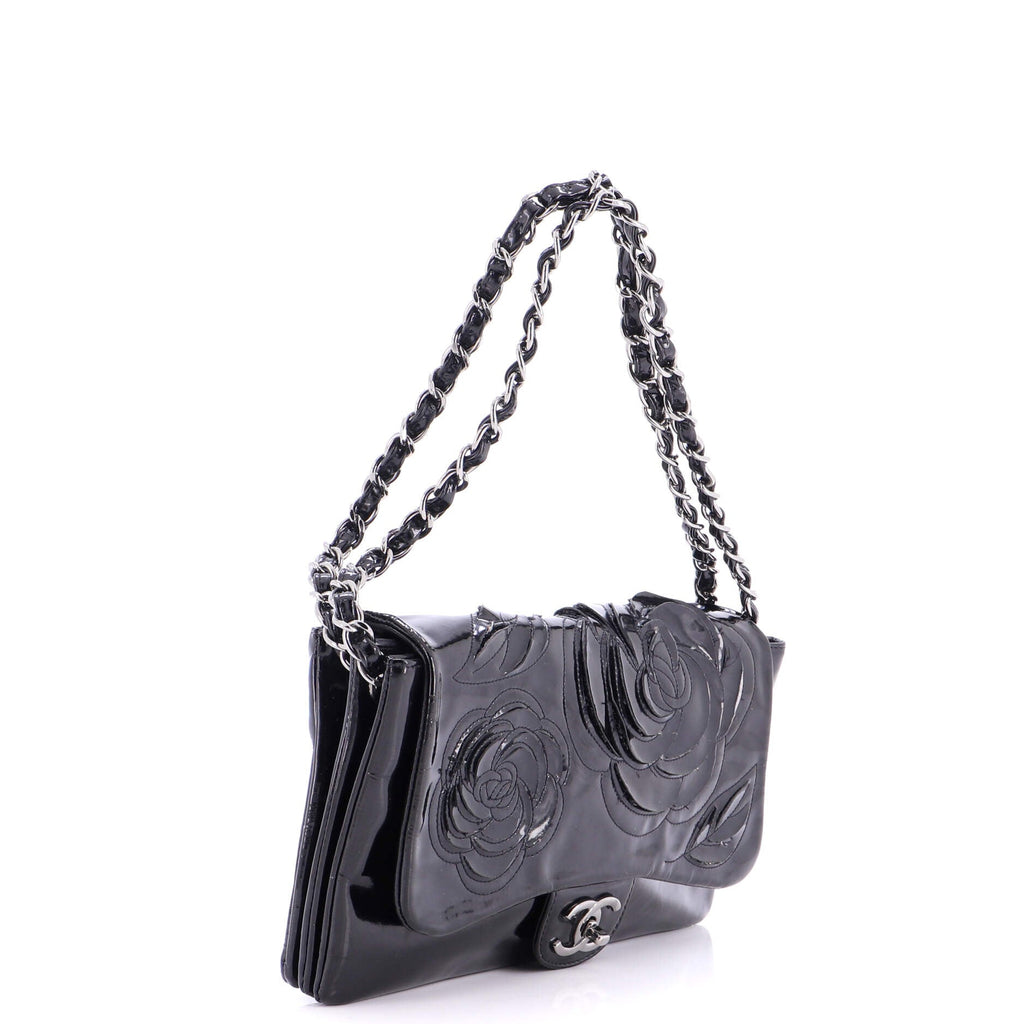 Tweed Petals Camellia Flap Bag Patent Medium