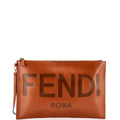 Logo Flat Wristlet Pouch Embossed Leather Large