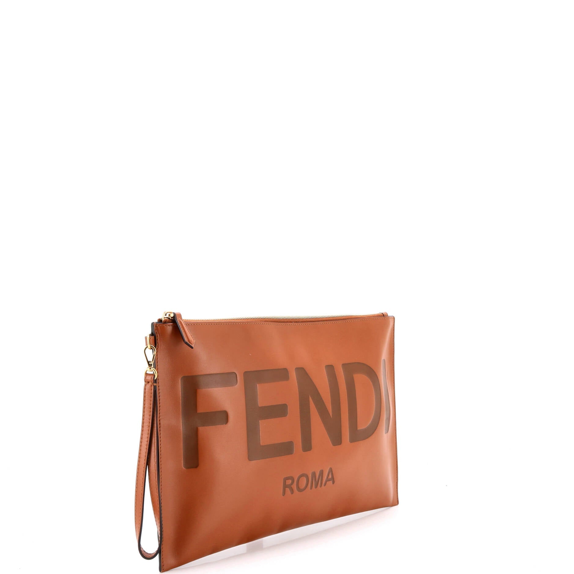 Logo Flat Wristlet Pouch Embossed Leather Large