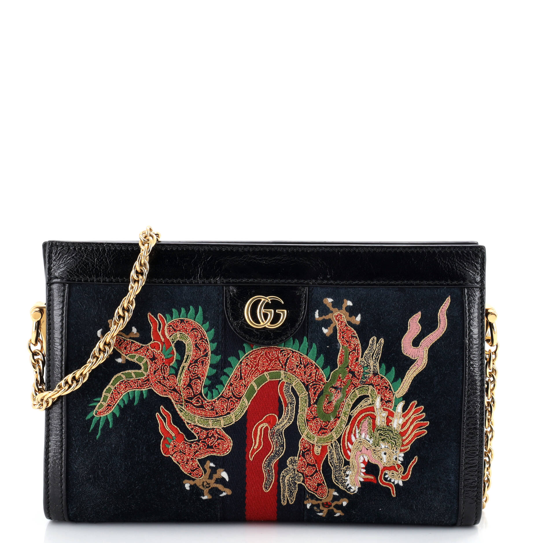 Ophidia Chain Shoulder Bag Embroidered Suede Small