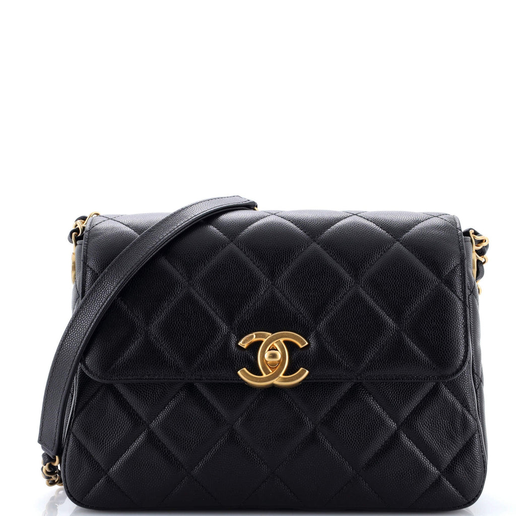 CC Turnlock Chain Flap Bag Quilted Caviar Large
