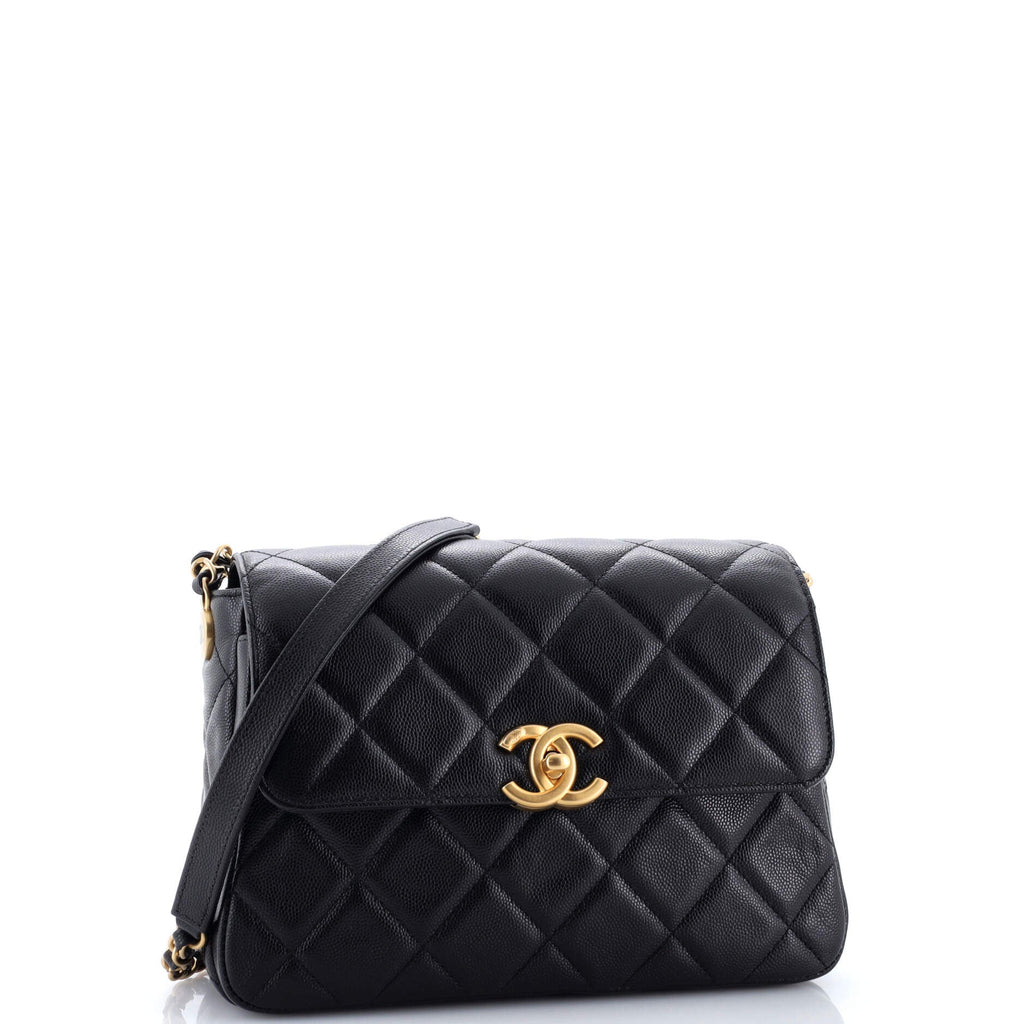 CC Turnlock Chain Flap Bag Quilted Caviar Large