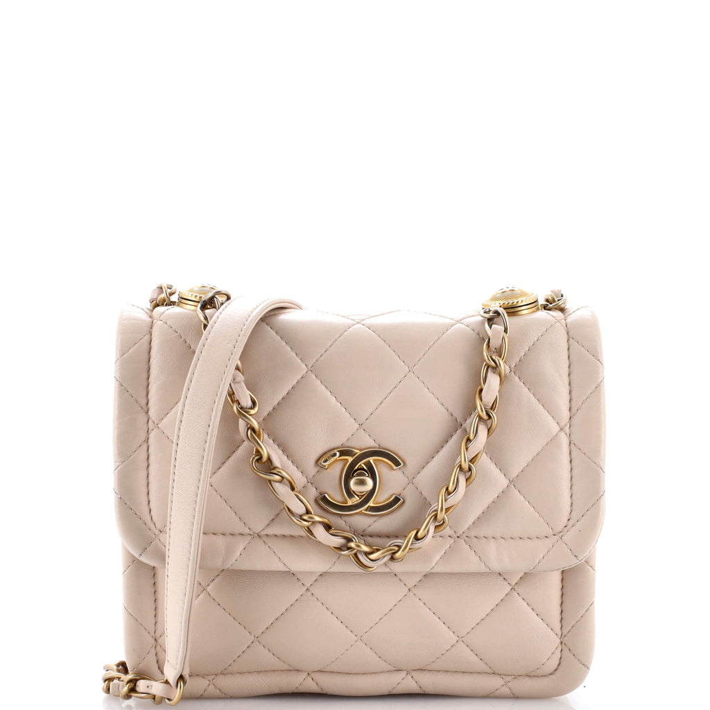 Button on Top Flap Bag Quilted Shiny Lambskin Small
