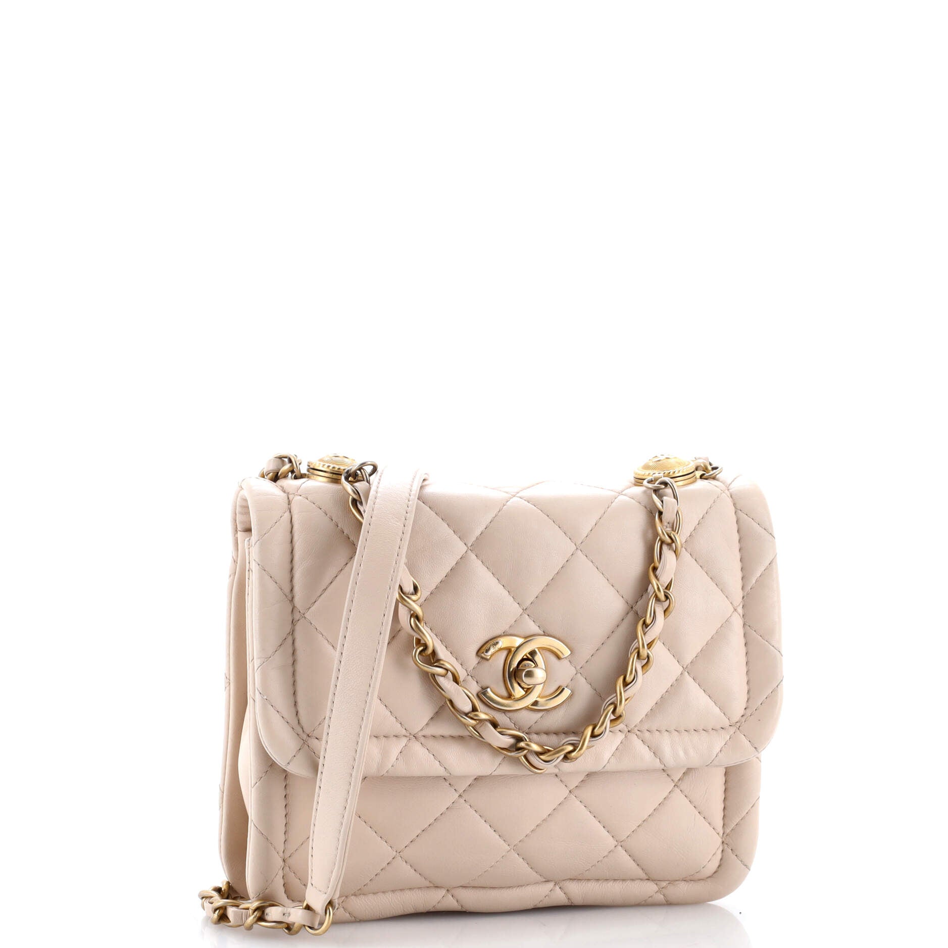 Button on Top Flap Bag Quilted Shiny Lambskin Small