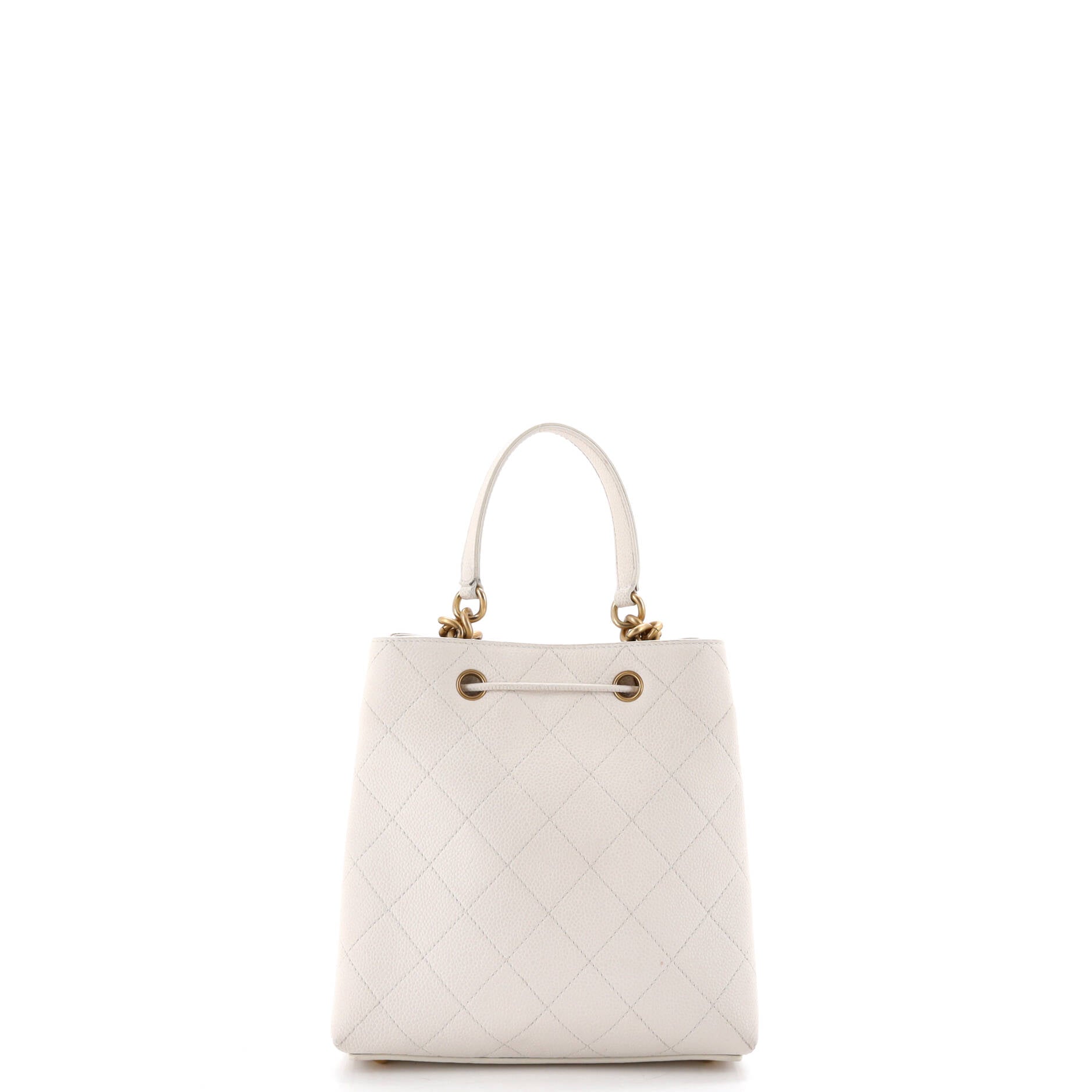 CC Top Handle Chain Drawstring Bucket Bag Quilted Caviar Small