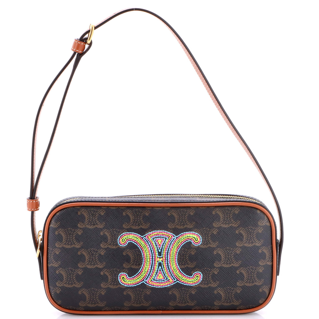 Cuir Triomphe Camera Shoulder Bag Embroidered Triomphe Coated Canvas with Leather Small