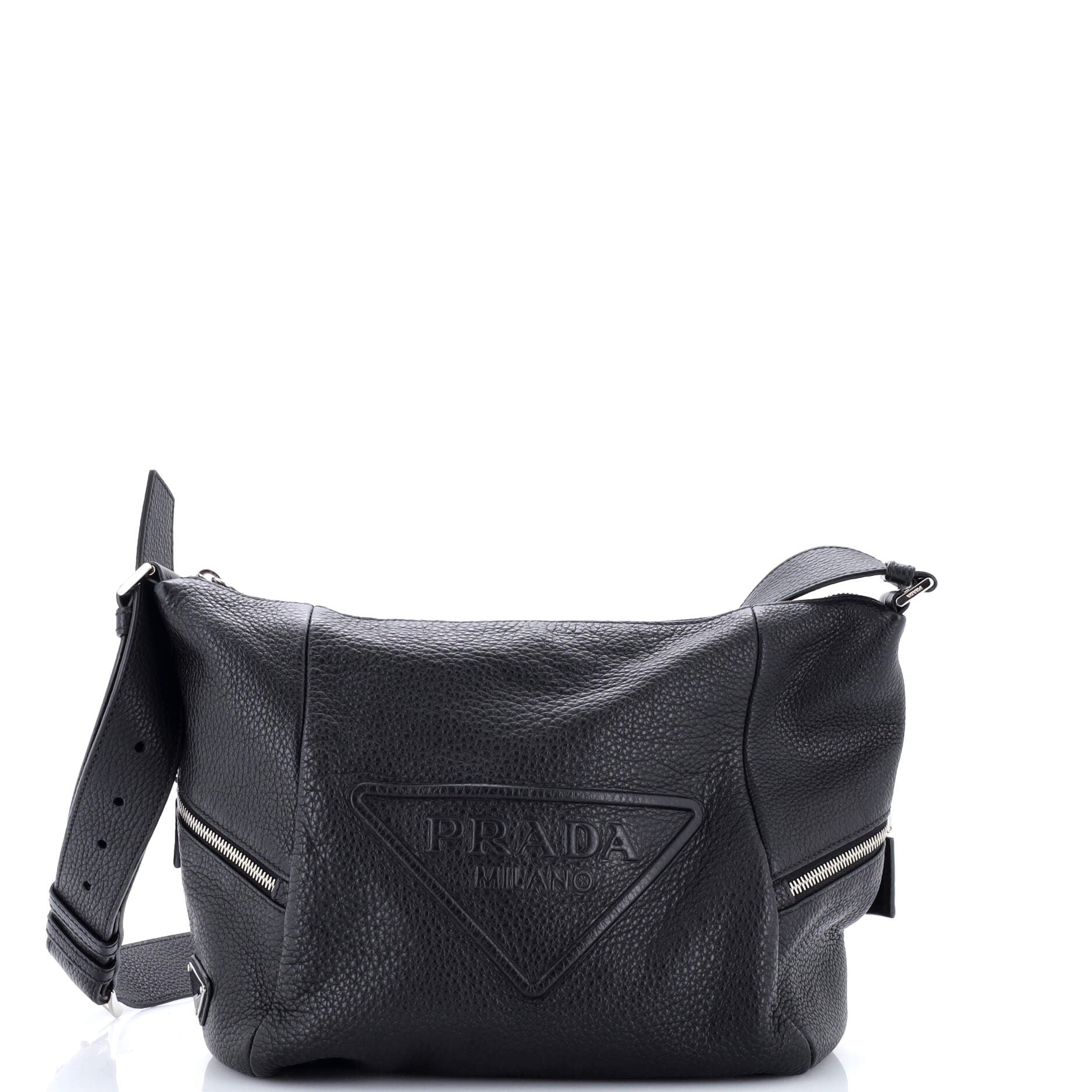 Triangle Logo Embossed Side Zip Shoulder Bag Vitello Daino