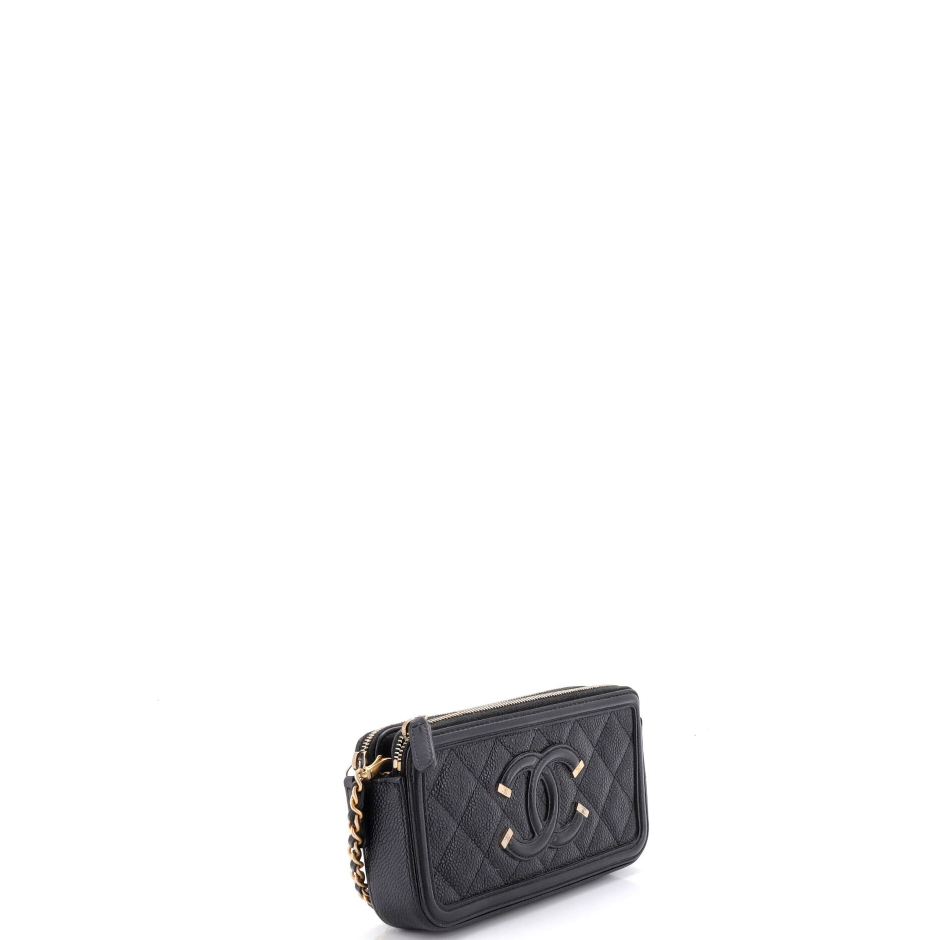 Filigree Double Zip Clutch with Chain Quilted Caviar