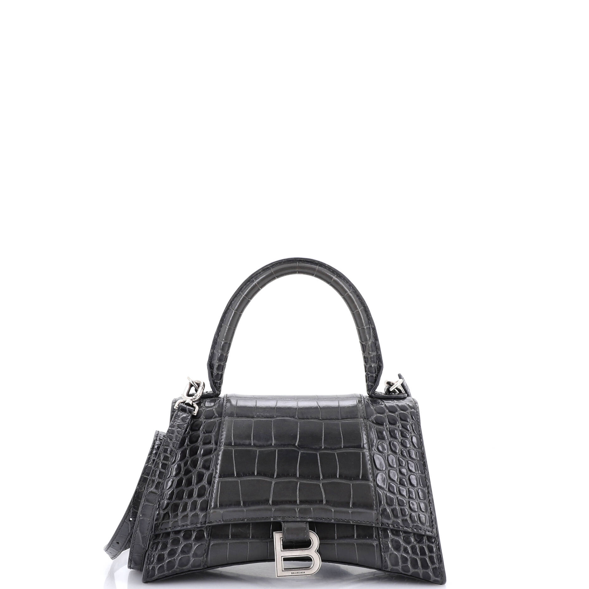 Hourglass Top Handle Bag Crocodile Embossed Leather Small