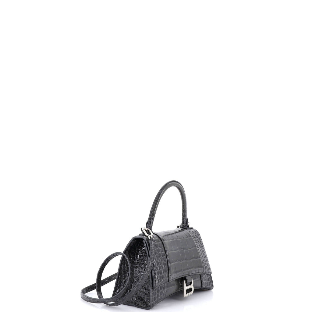 Hourglass Top Handle Bag Crocodile Embossed Leather Small
