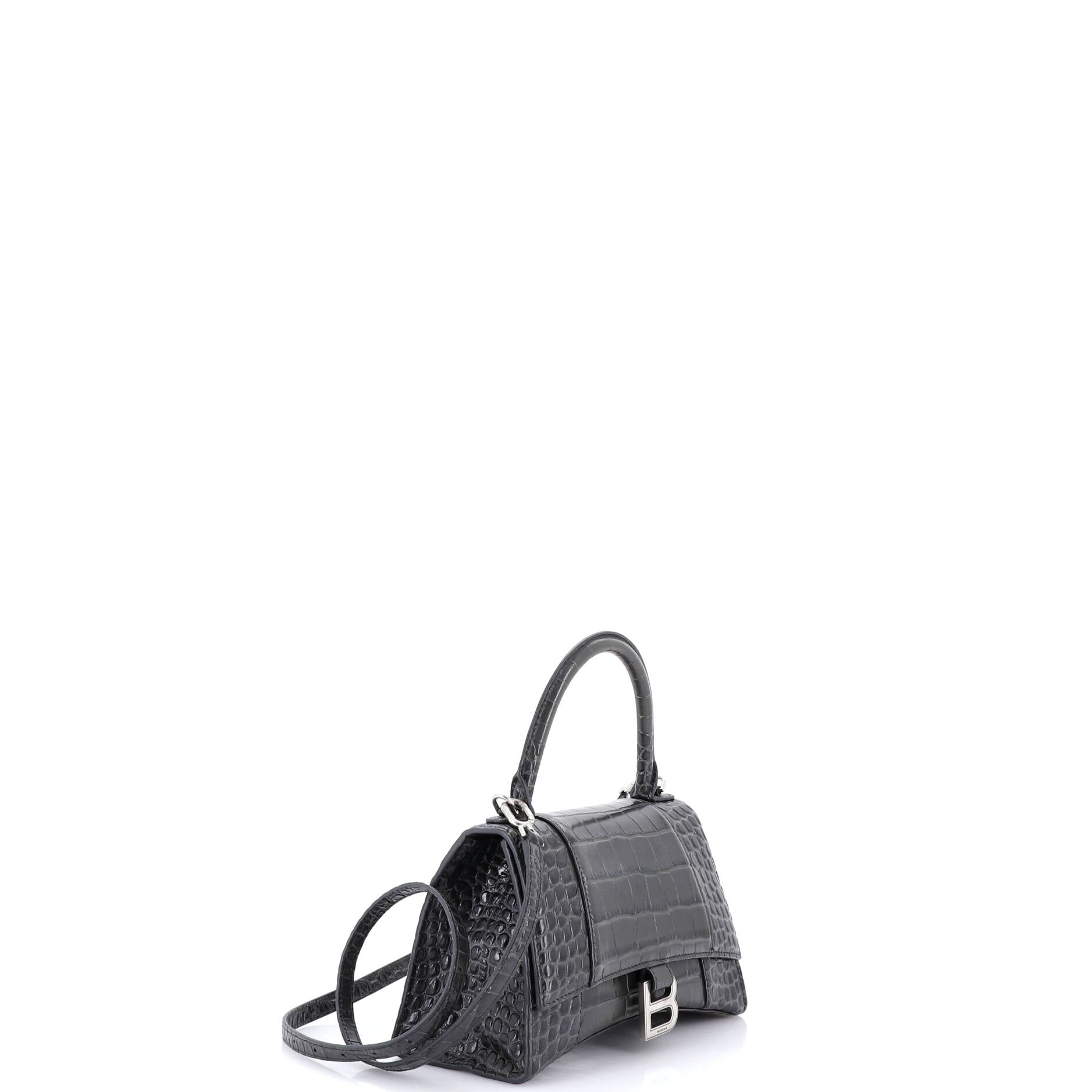 Hourglass Top Handle Bag Crocodile Embossed Leather Small