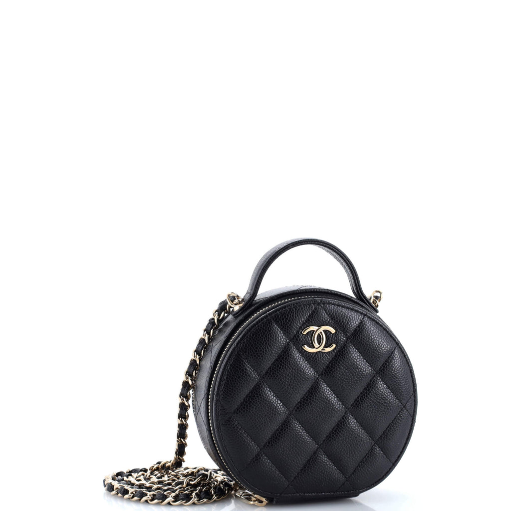 Handle with Care Round Vanity Case with Chain Quilted Caviar Small