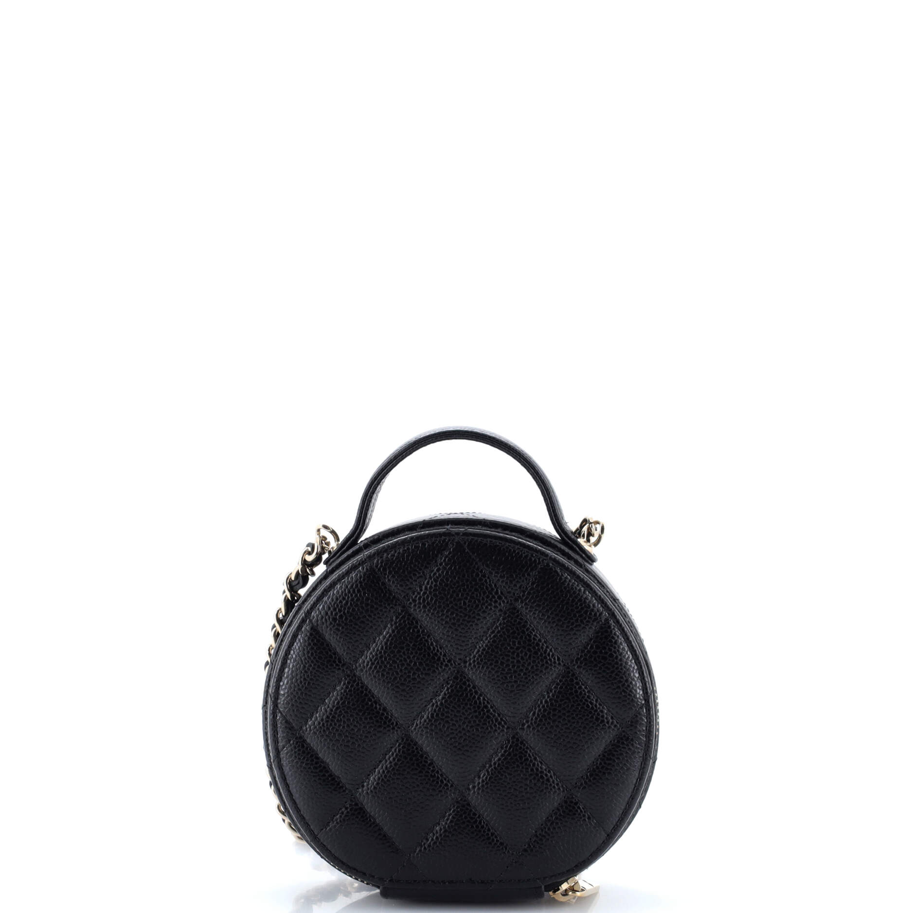 Handle with Care Round Vanity Case with Chain Quilted Caviar Small