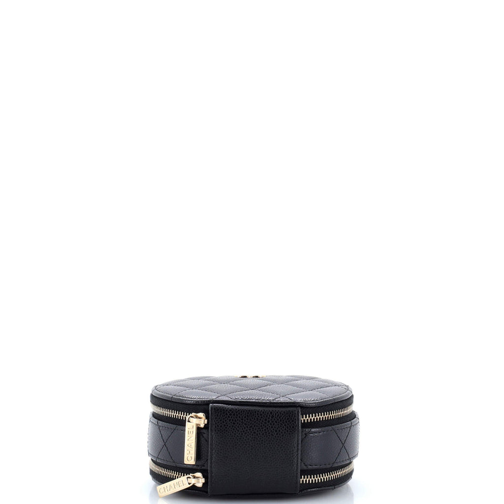Handle with Care Round Vanity Case with Chain Quilted Caviar Small