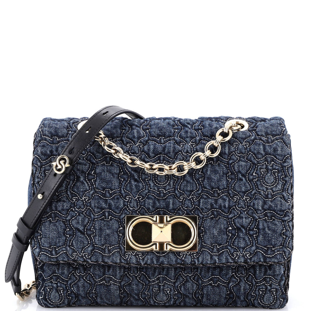 Gancini Galore Chain Flap Bag Quilted Denim Medium