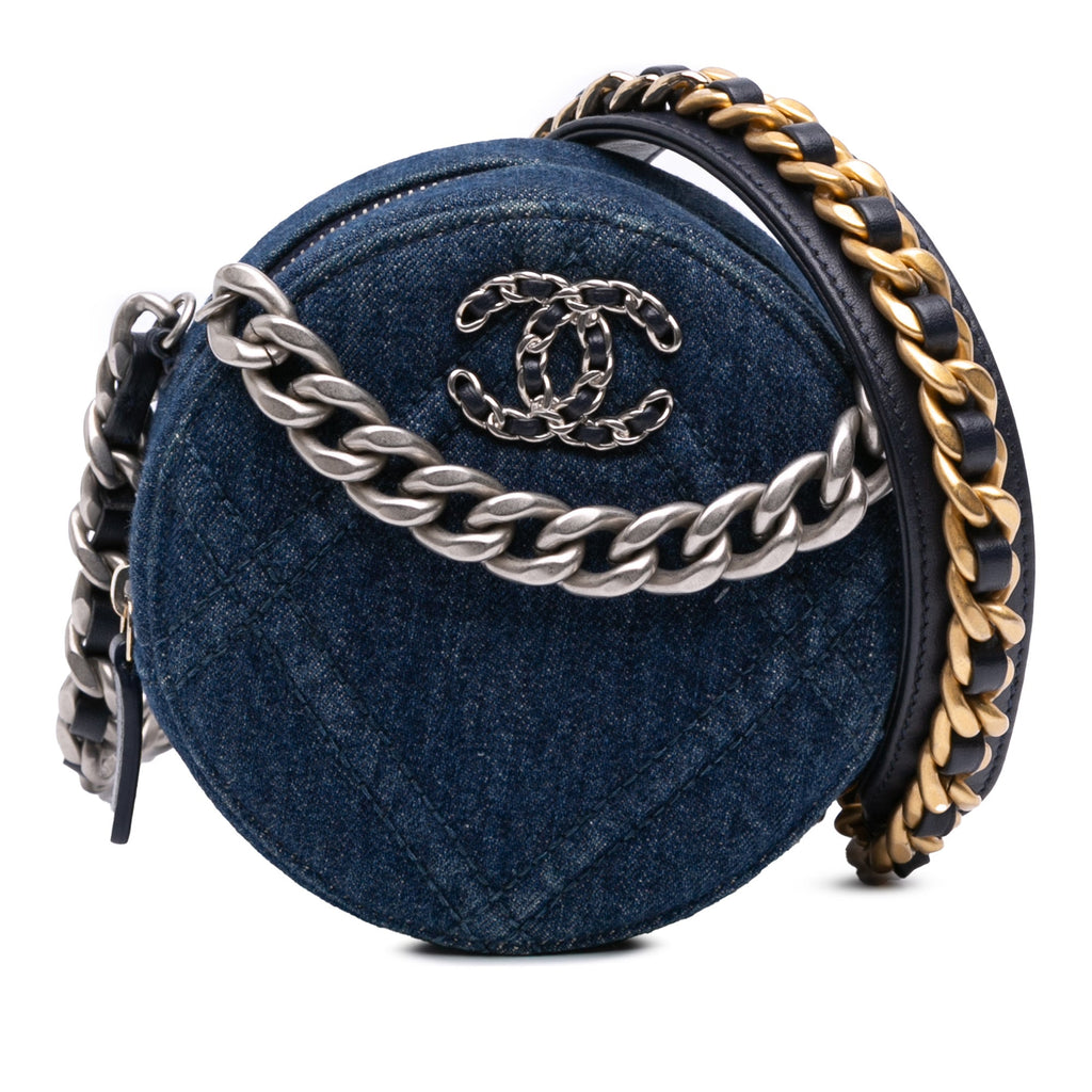 19 Round Clutch with Chain Quilted Denim