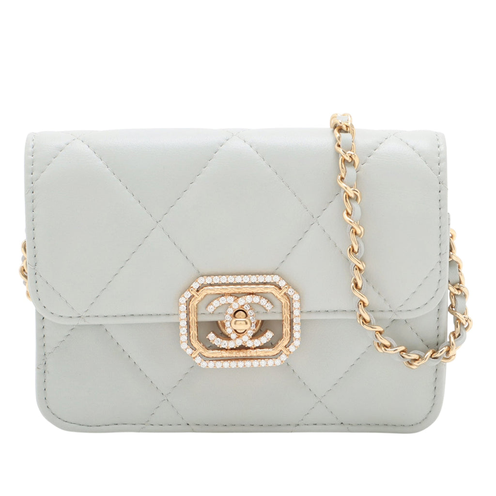 Crystal Geometric Frame CC Clutch with Chain Quilted Calfskin