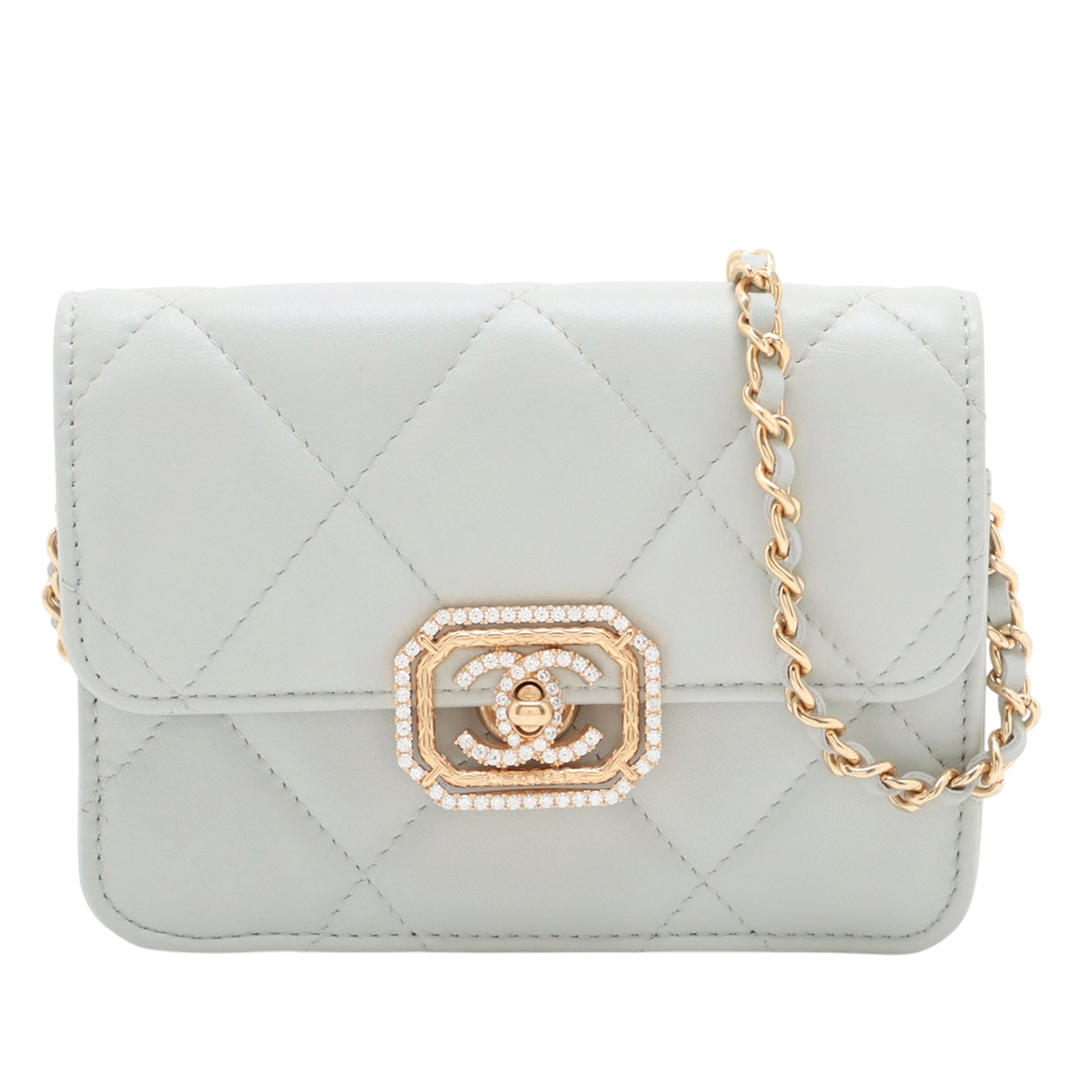 Crystal Geometric Frame CC Clutch with Chain Quilted Calfskin