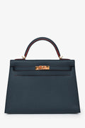 Hermès 2016 Blue Indigo/Rouge H Trim Epsom Leather Contour Sellier Kelly 32 With Strap GHW