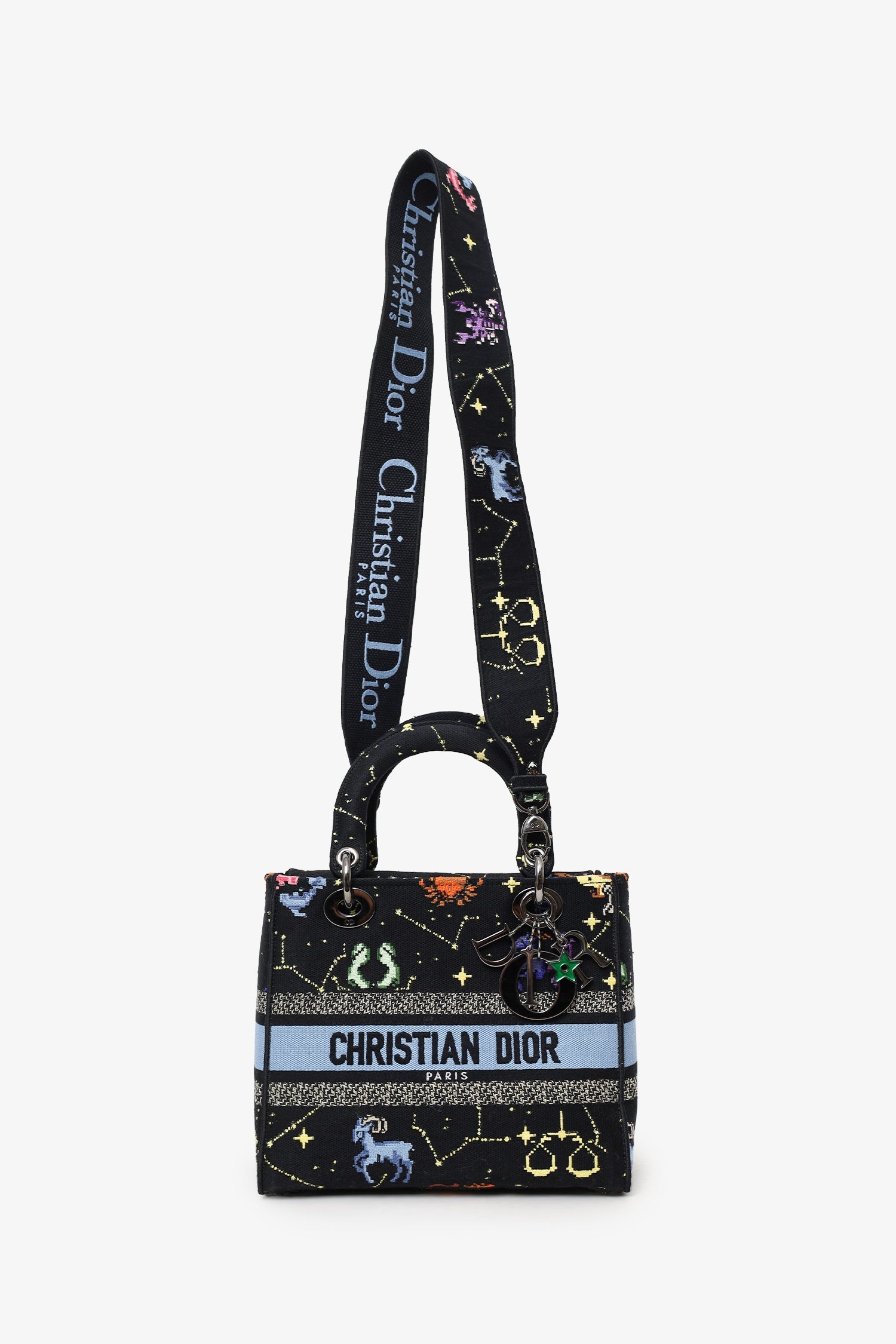 Christian Dior 2022 Black Canvas Pixel Zodiac Embroidered Medium Lady D-Lite With Strap