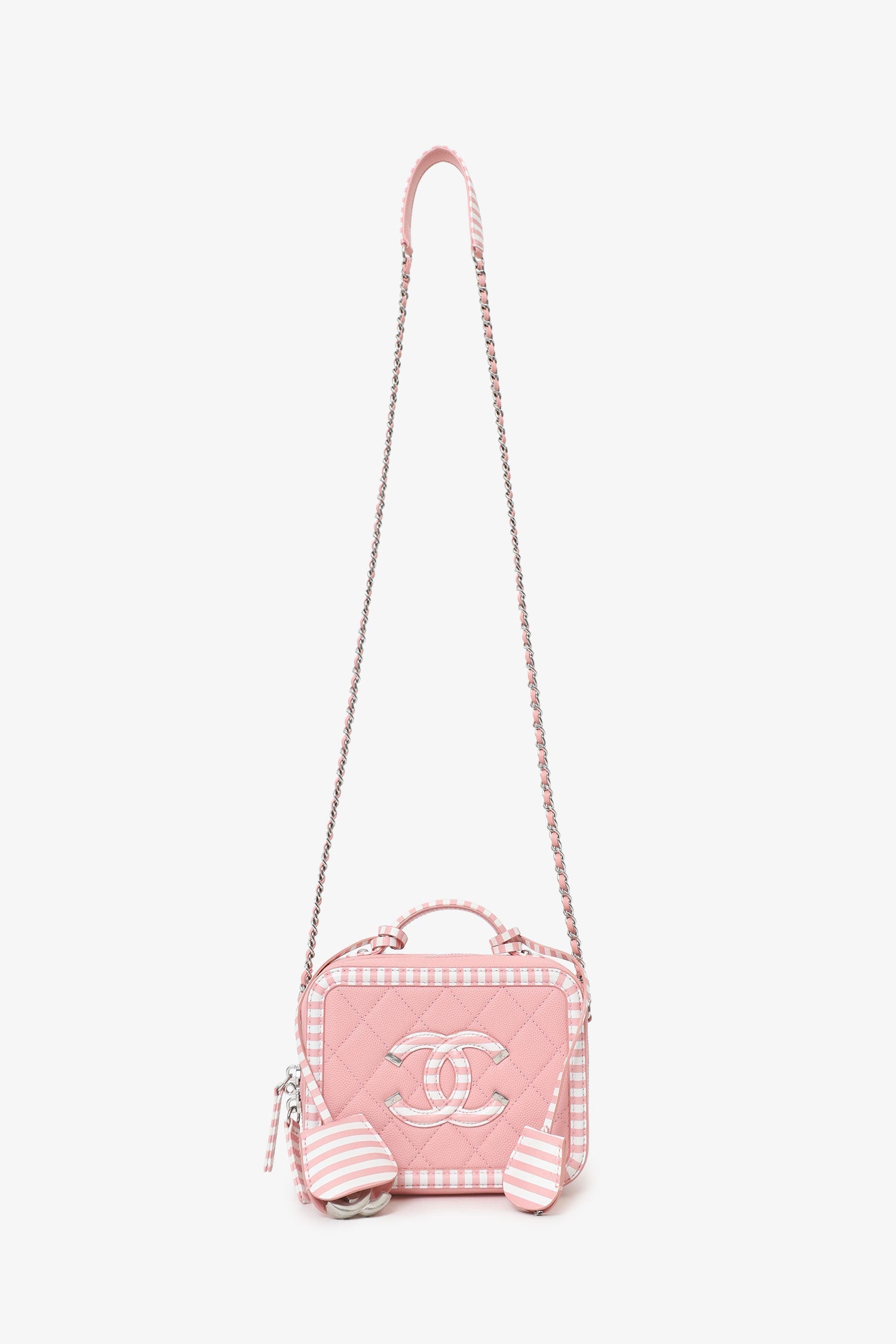 Pre-Loved Chanel™ 2019 Pink/White Caviar Quilted Striped Small CC Filigree Vanity Case