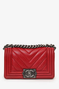Pre-Loved Chanel™ 2016 Red Lambskin Chevron Small Boy Bag