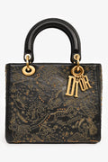Christian Dior 2017 Black Leather Zodiac Embroidered Medium Lady D-Lite Bag with Strap