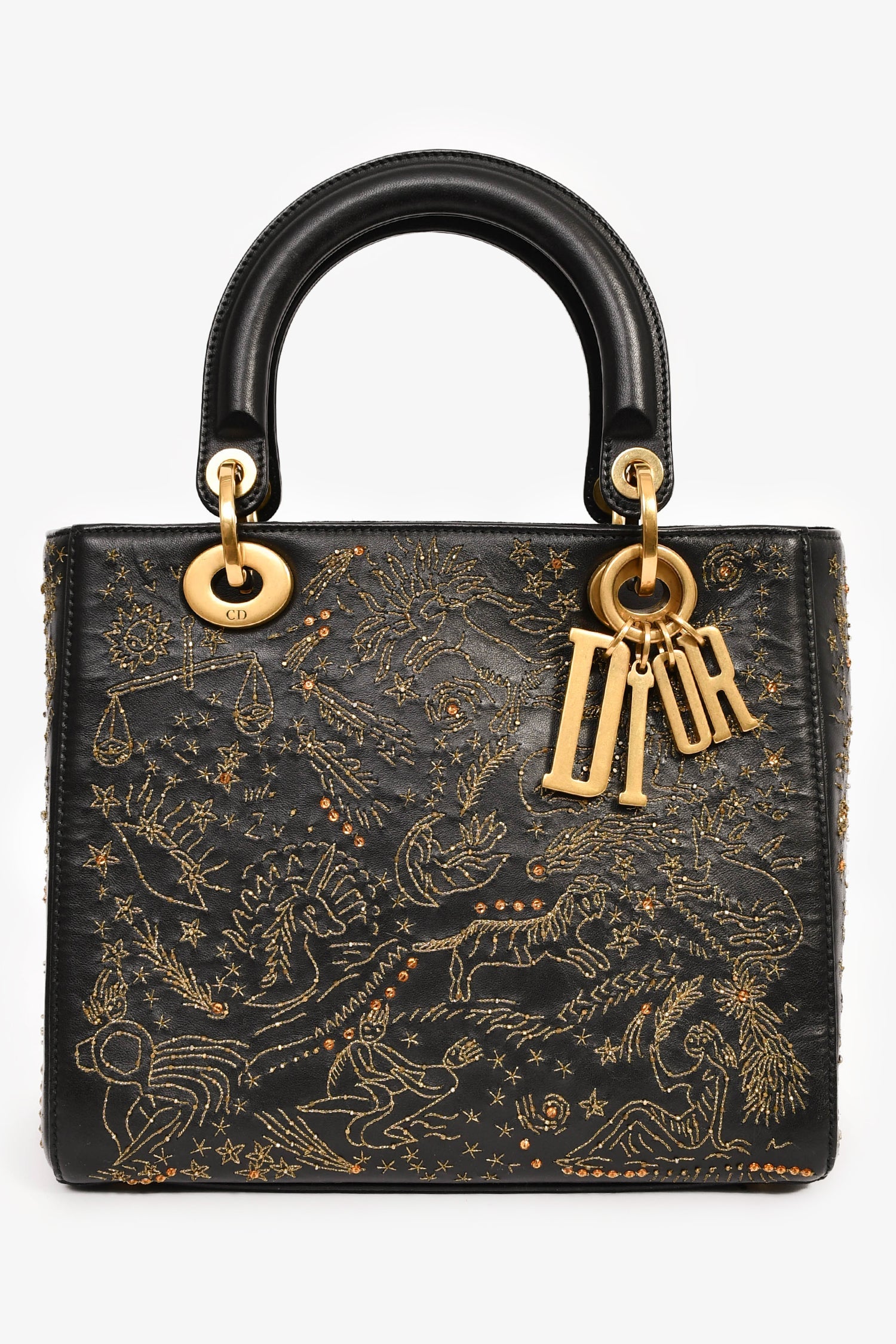 Christian Dior 2017 Black Leather Zodiac Embroidered Medium Lady D-Lite Bag with Strap