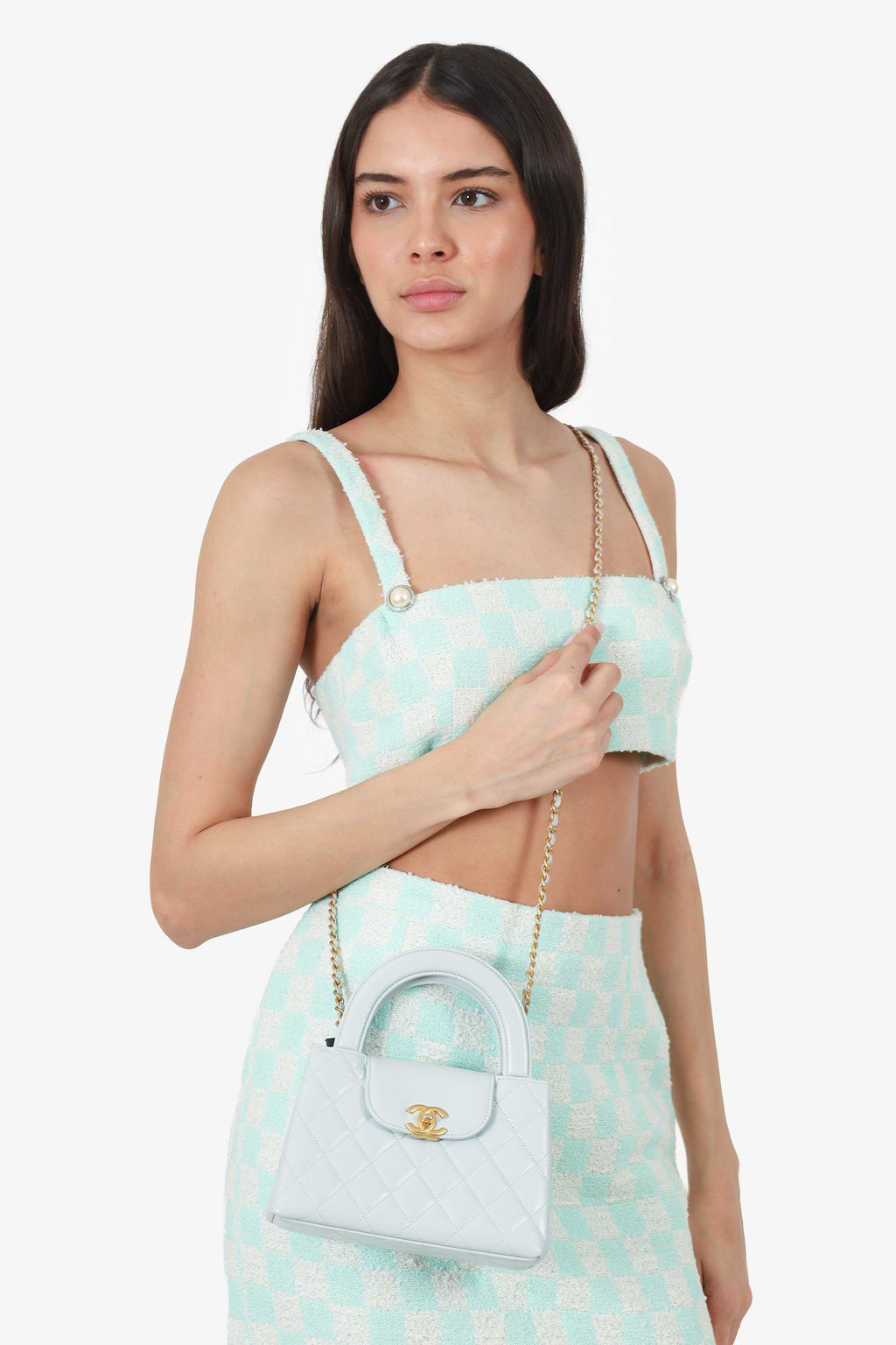 Pre-Loved Chanel™ 2024 Baby Blue Shiny Aged Calfskin Quilted Mini Kelly Shopper