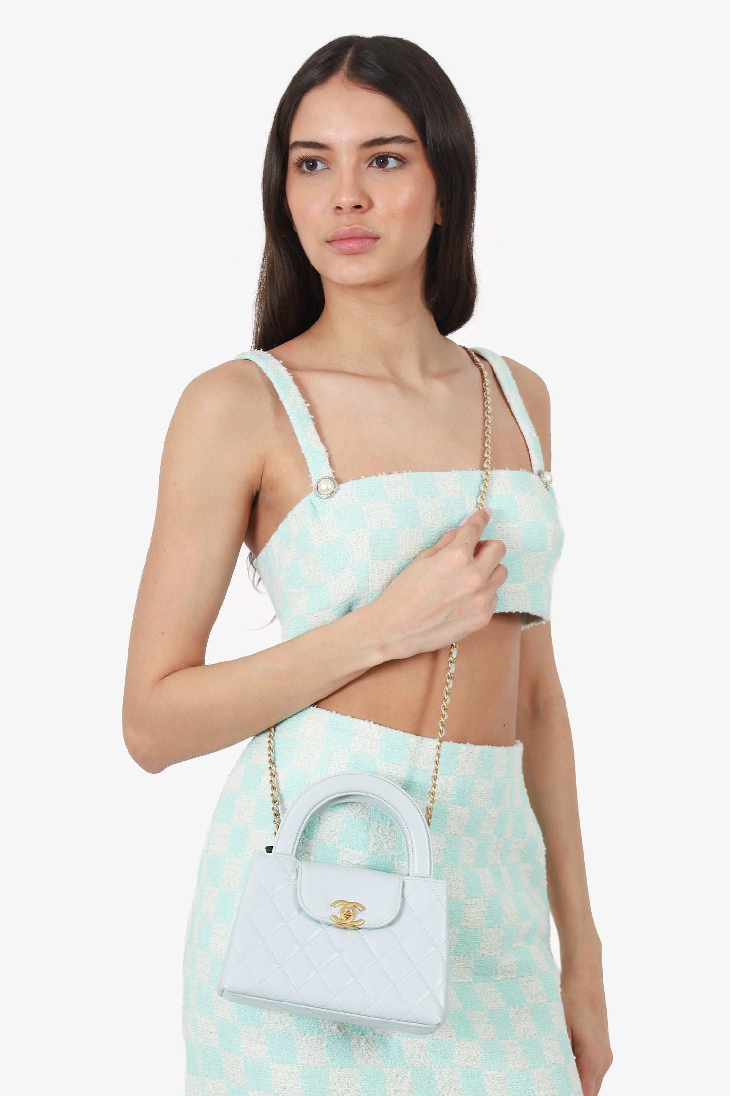 Pre-Loved Chanel™ 2024 Baby Blue Shiny Aged Calfskin Quilted Mini Kelly Shopper