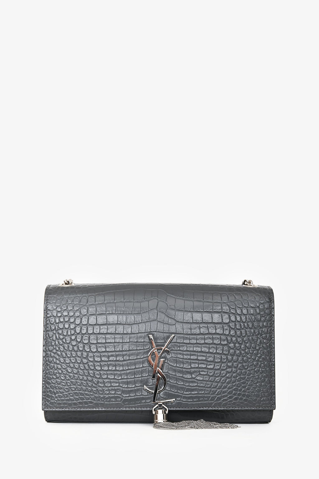 Saint Laurent Grey Croc Embossed Medium 'Kate' Shoulder Bag
