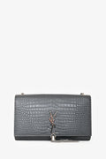 Saint Laurent Grey Croc Embossed Medium 'Kate' Shoulder Bag
