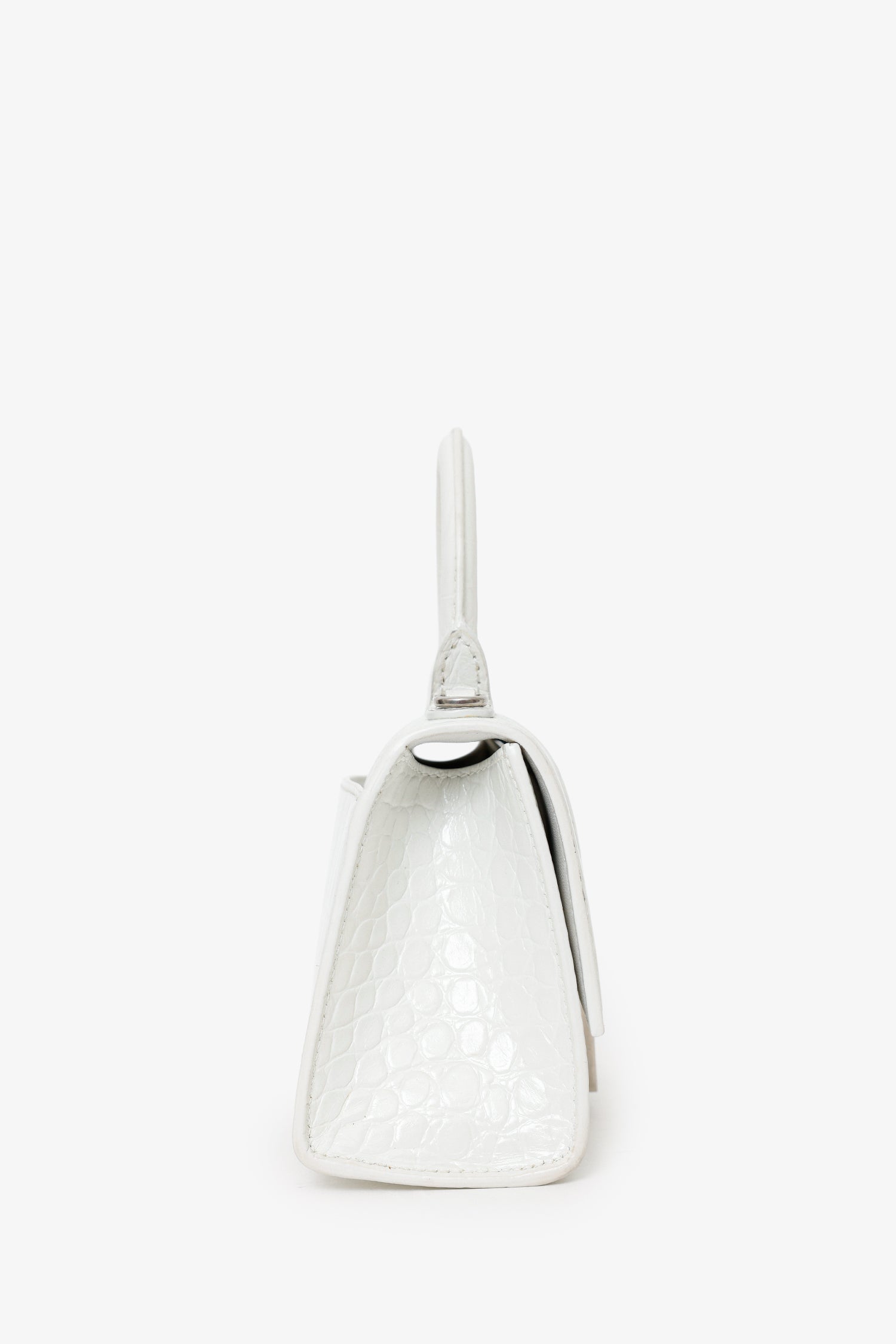 Balenciaga White Croc Embossed XS Hourglass Top Handle Bag With Strap