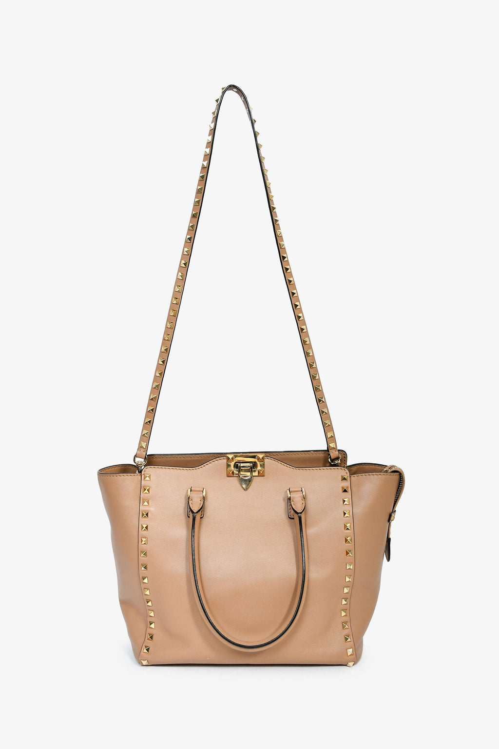 Valentino Beige Leather Small Rockstud Trapeze Tote with Strap