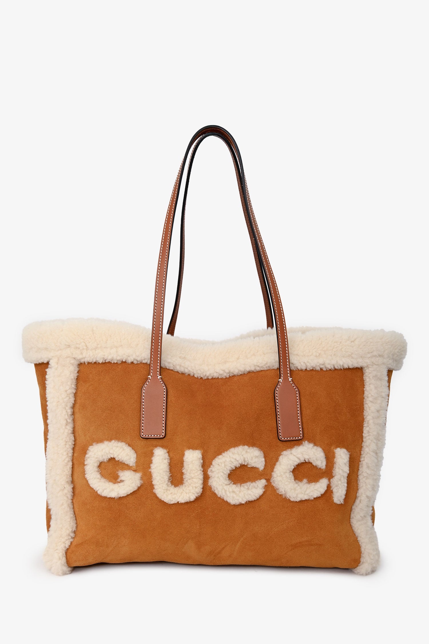 Gucci Beige Suede/shearling Logo Tote With Strap