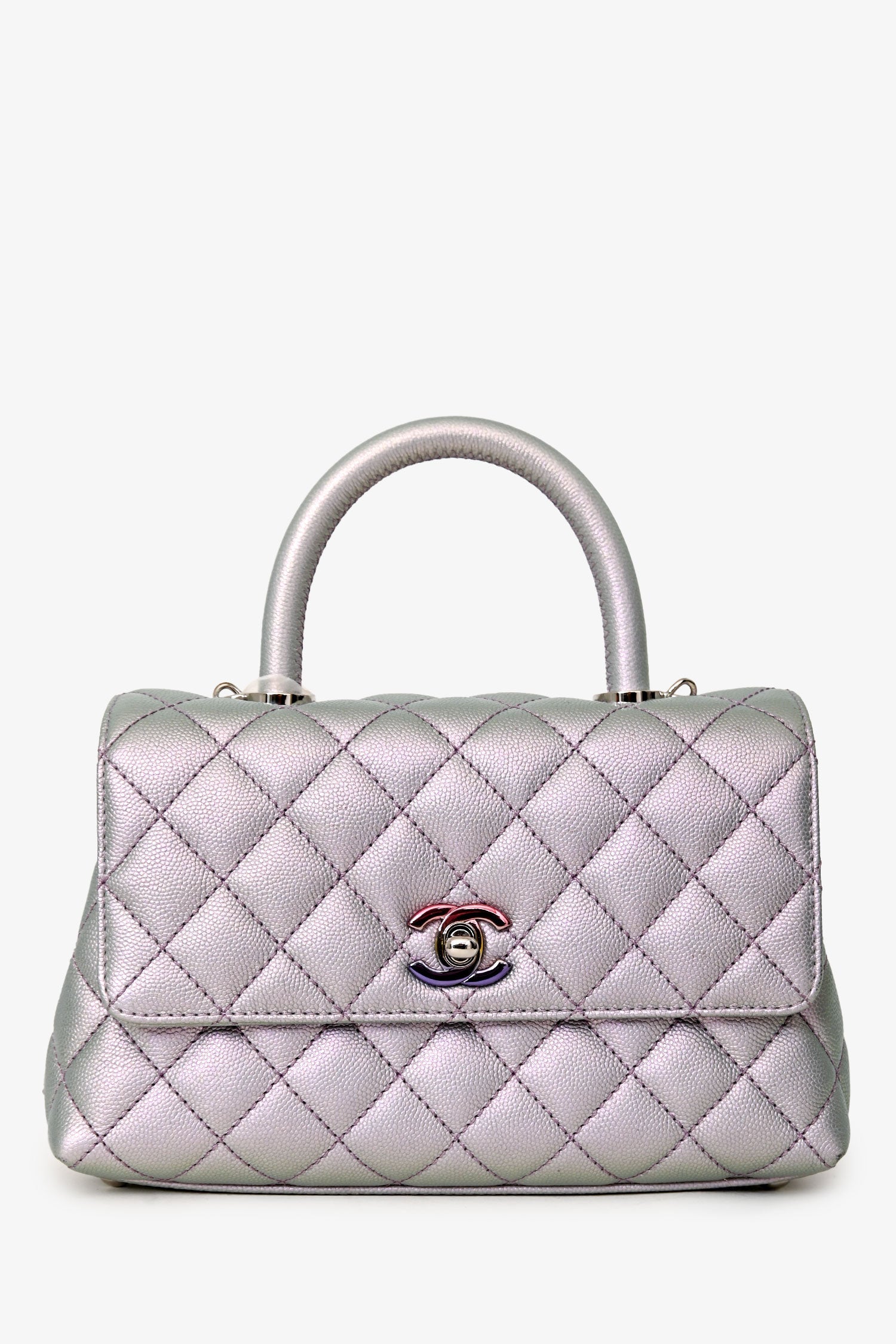 Pre-Loved Chanel™ 2021 Metallic Champagne Gold Quilted Caviar Mini Coco Top Handle Bag