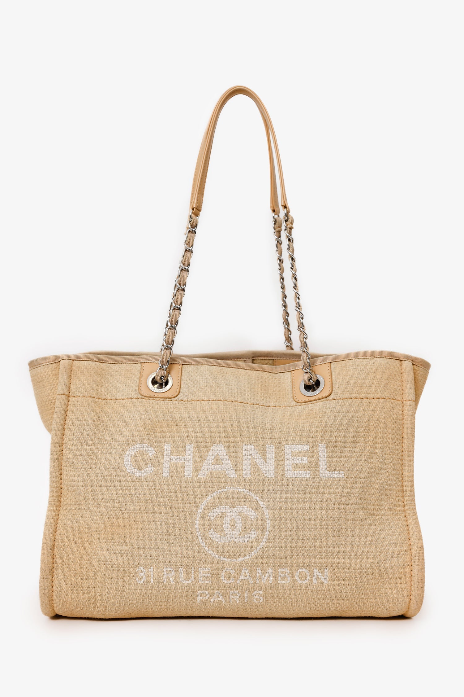 Pre-Loved Chanel™ 2022 Beige Canvas Deauville Small Shopping Tote Bag